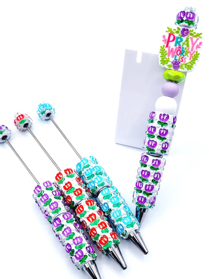 Tulip Flower Accents Beadable Clay Pen – DIY Pen with Flowers and Pearls For Beads