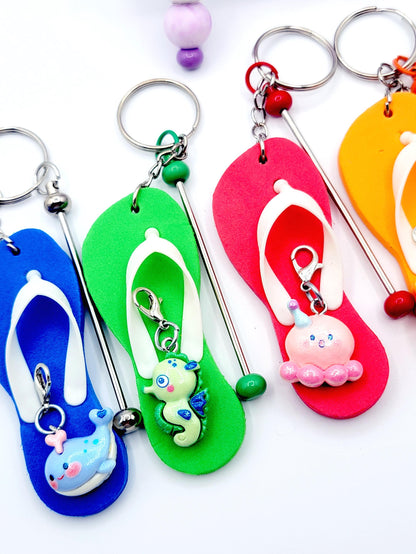 Flip Flop Keychain With A Beadable Bar And Ocean Character Charm Clasp
