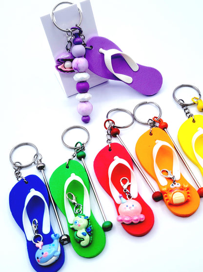 Flip Flop Keychain With A Beadable Bar And Ocean Character Charm Clasp