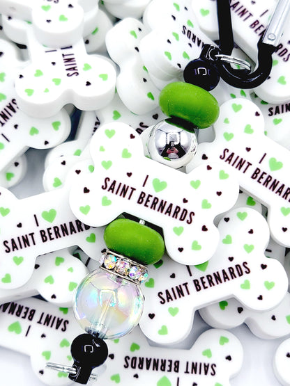 I Love Saint Bernards Dog Bone Focal Bead - Dog Mom Silicone Bead (Set of 2)