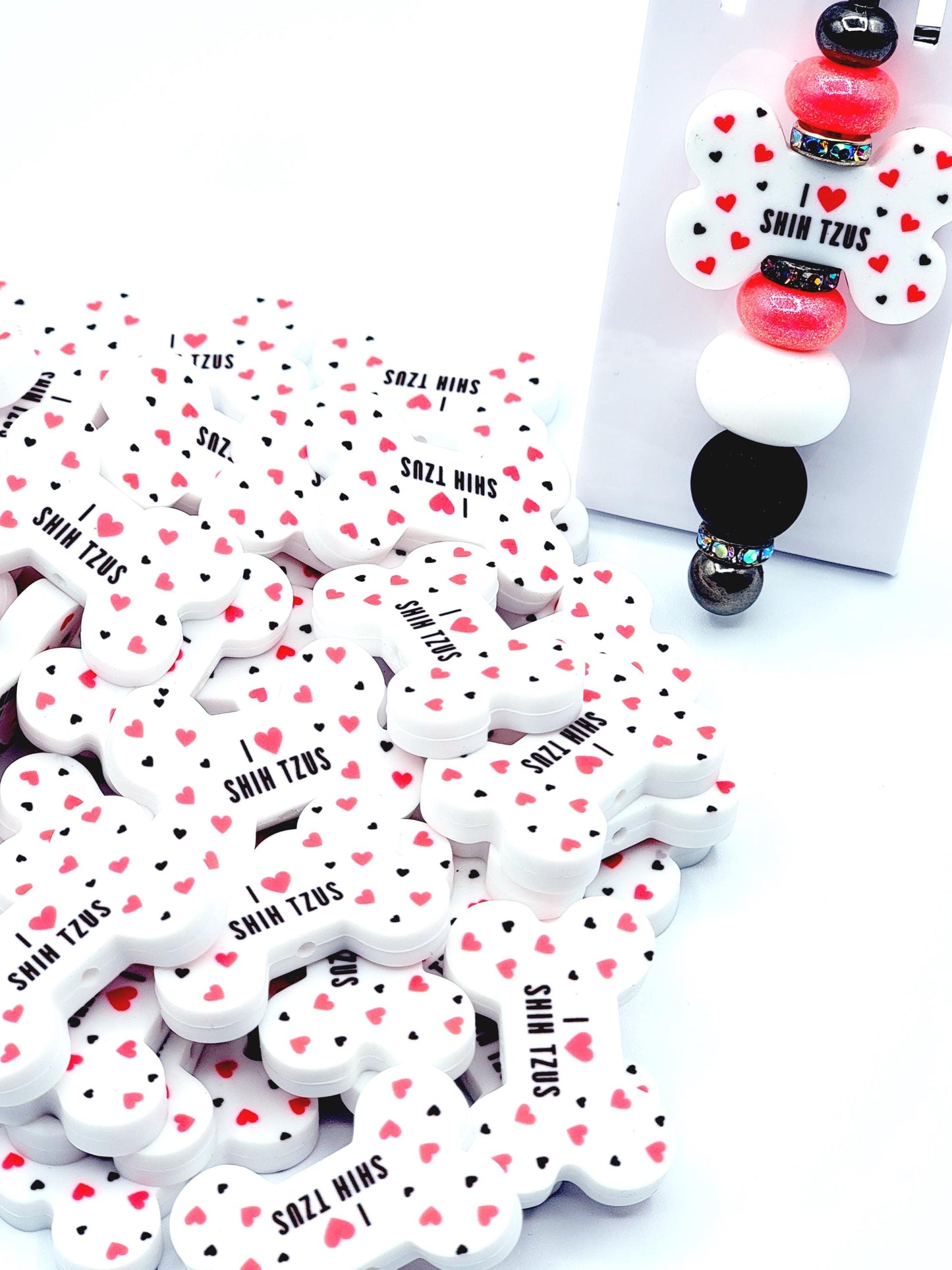 I Love Shih Tzus Dog Bone Silicone Focal Bead – Dog Mom DIY Pen & Keychain Bead (Set of 2)