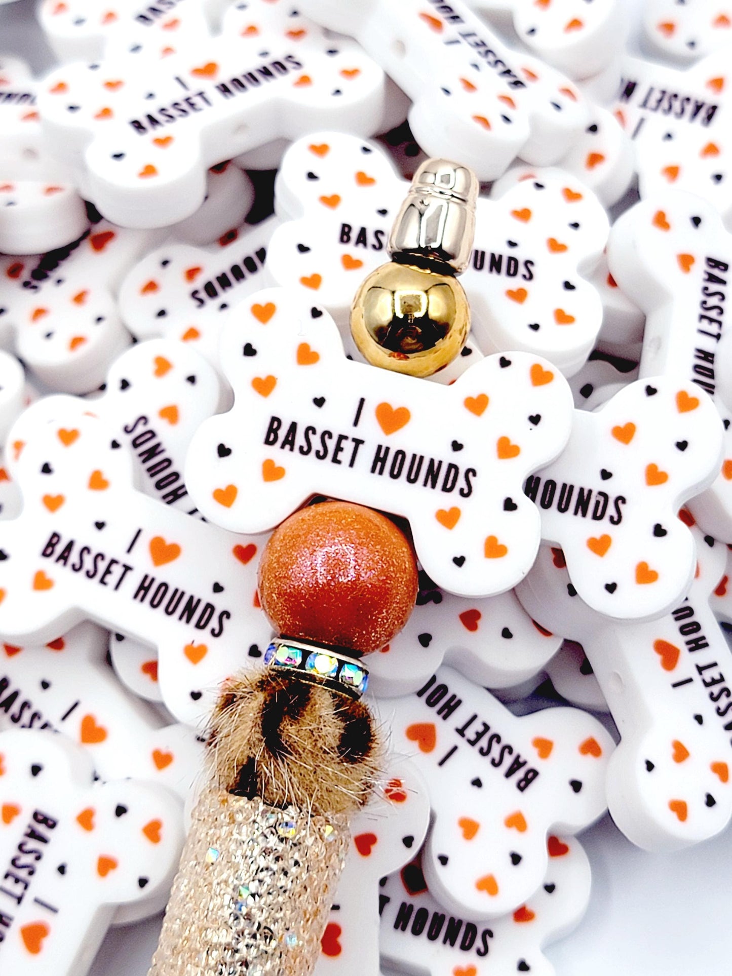 I Love Basset Hounds Dog Bone Silicone Focal Bead – Dog Mom DIY Pen & Keychain Bead (Set of 2)