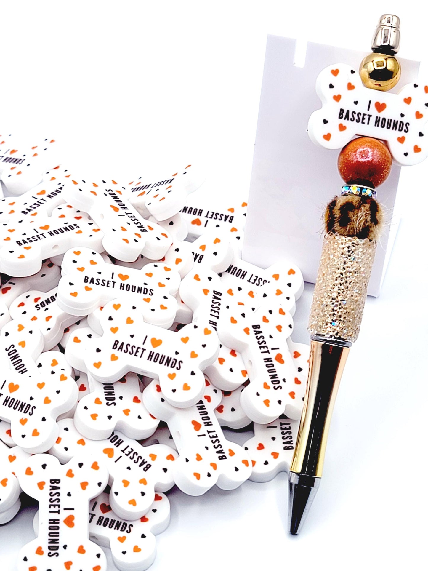 I Love Basset Hounds Dog Bone Silicone Focal Bead – Dog Mom DIY Pen & Keychain Bead (Set of 2)
