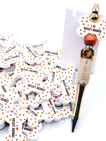 I Love Basset Hounds Dog Bone Silicone Focal Bead – Dog Mom DIY Pen & Keychain Bead (Set of 2)