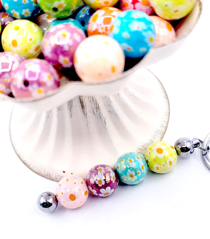 16mm Flower Print Acrylic Beads (Set of 10) – Random Color Round Floral Craft Beads