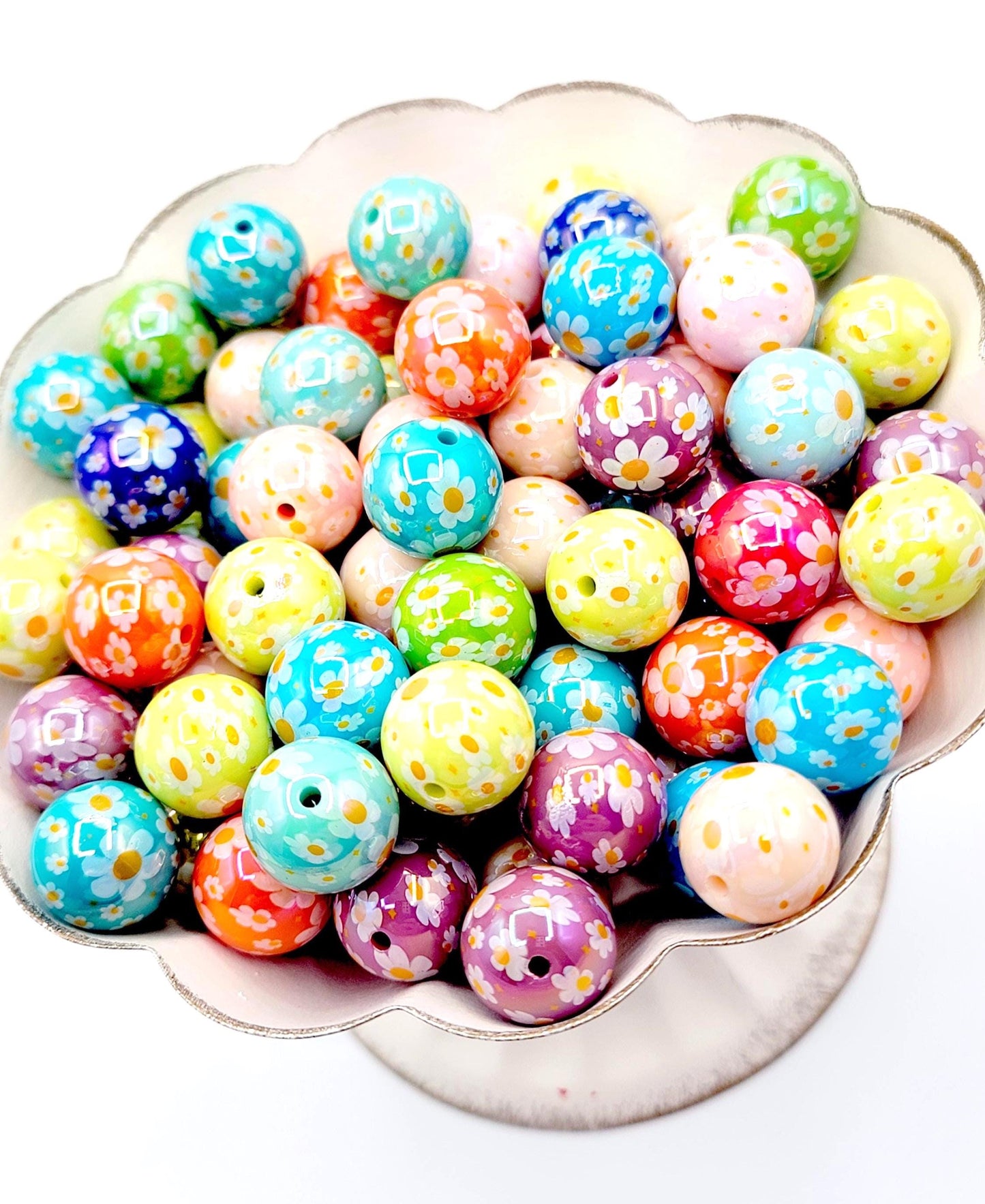 16mm Flower Print Acrylic Beads (Set of 10) – Random Color Round Floral Craft Beads
