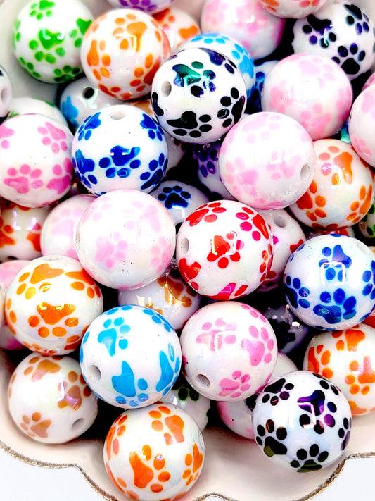 20mm White Bead with Color Paw Print Acrylic Resin Beads (Set of 5) – UV Finish Chunky DIY Pen Beads