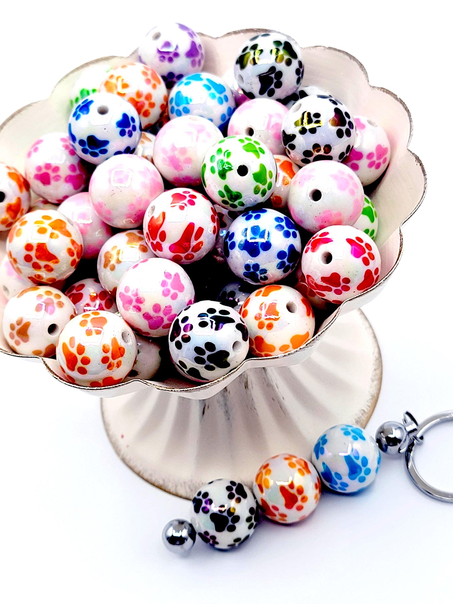 20mm White Bead with Color Paw Print Acrylic Resin Beads (Set of 5) – UV Finish Chunky DIY Pen Beads