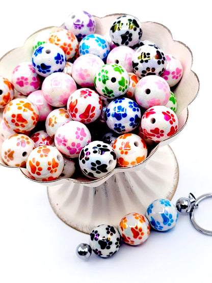 20mm White Bead with Color Paw Print Acrylic Resin Beads (Set of 5) – UV Finish Chunky DIY Pen Beads