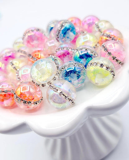 16mm Clear Acrylic Beads with Colorful Flakes & Rhinestone Chain (Set of 10) – UV Coated Craft Beads