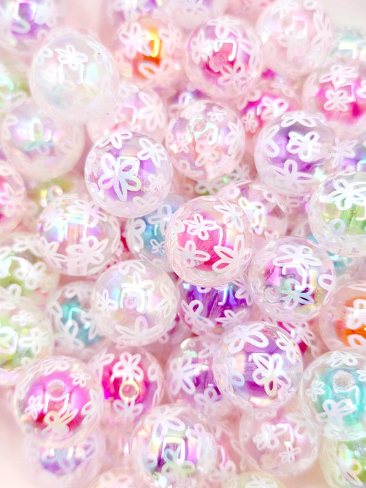 16mm Clear Acrylic Beads with White Flower Pattern (Set of 10) – Colorful Ball Inside Craft Beads