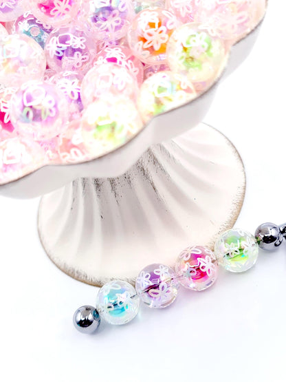 16mm Clear Acrylic Beads with White Flower Pattern (Set of 10) – Colorful Ball Inside Craft Beads