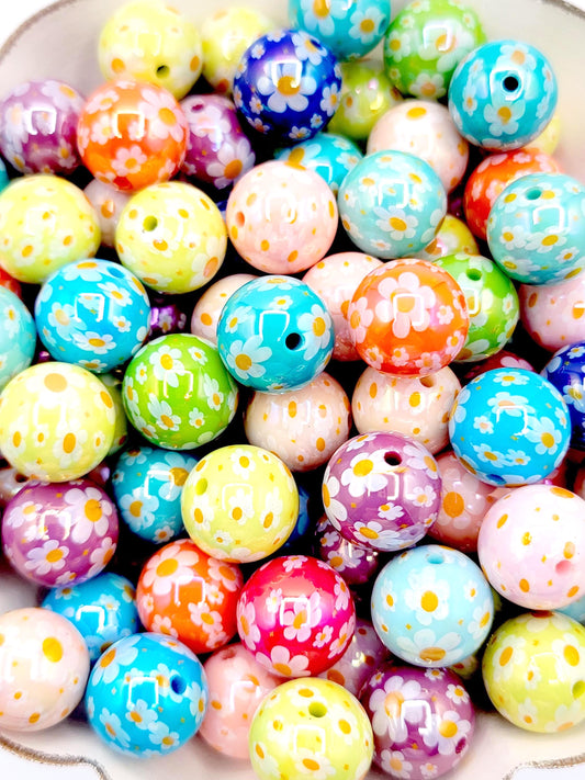 16mm Flower Print Acrylic Beads (Set of 10) – Random Color Round Floral Craft Beads