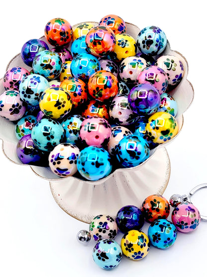20mm Color Bead with Black Paw Print Acrylic Resin Beads (Set of 5) – UV Finish Chunky DIY Pen Beads