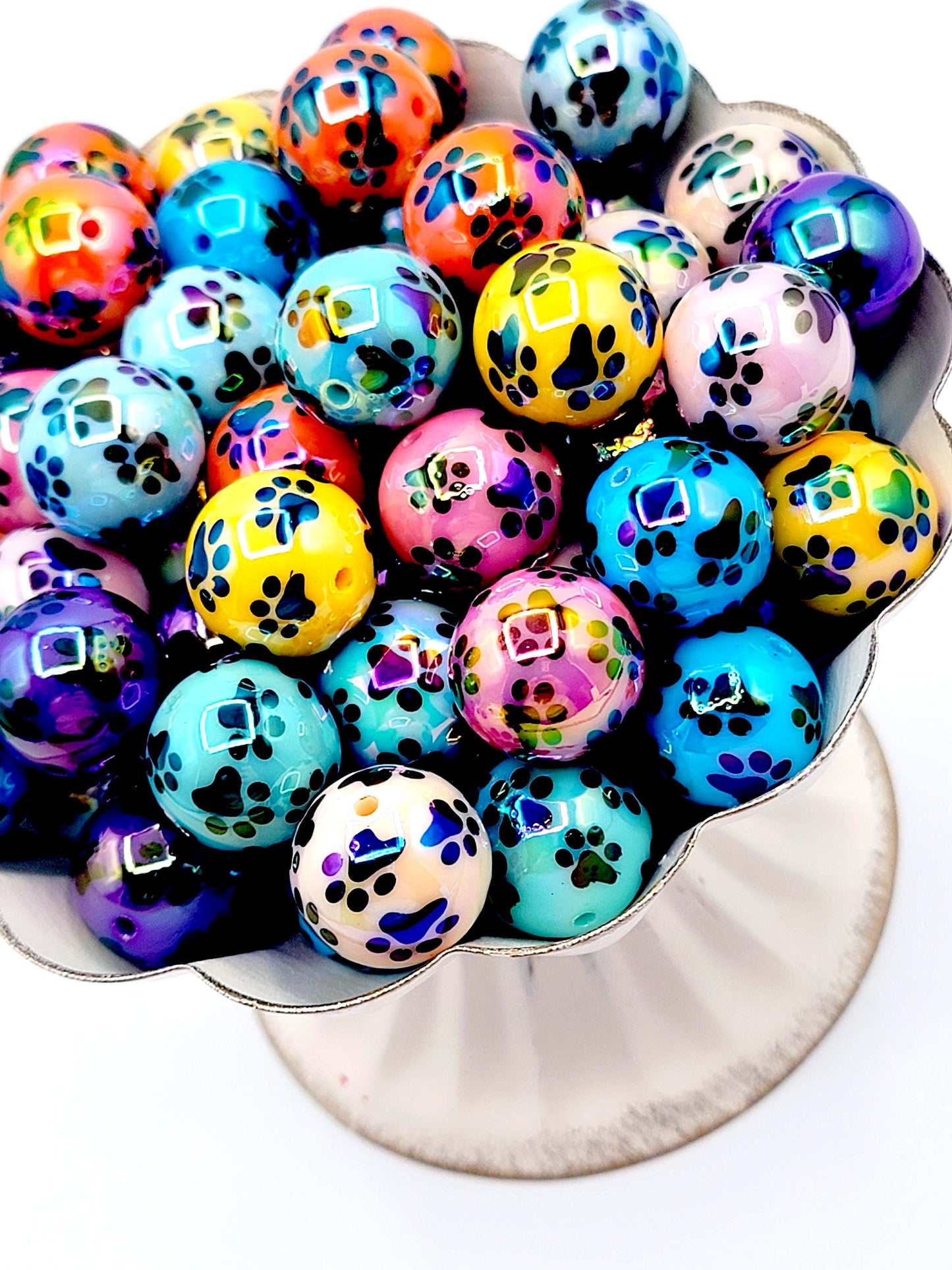 20mm Color Bead with Black Paw Print Acrylic Resin Beads (Set of 5) – UV Finish Chunky DIY Pen Beads