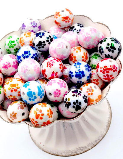 20mm White Bead with Color Paw Print Acrylic Resin Beads (Set of 5) – UV Finish Chunky DIY Pen Beads