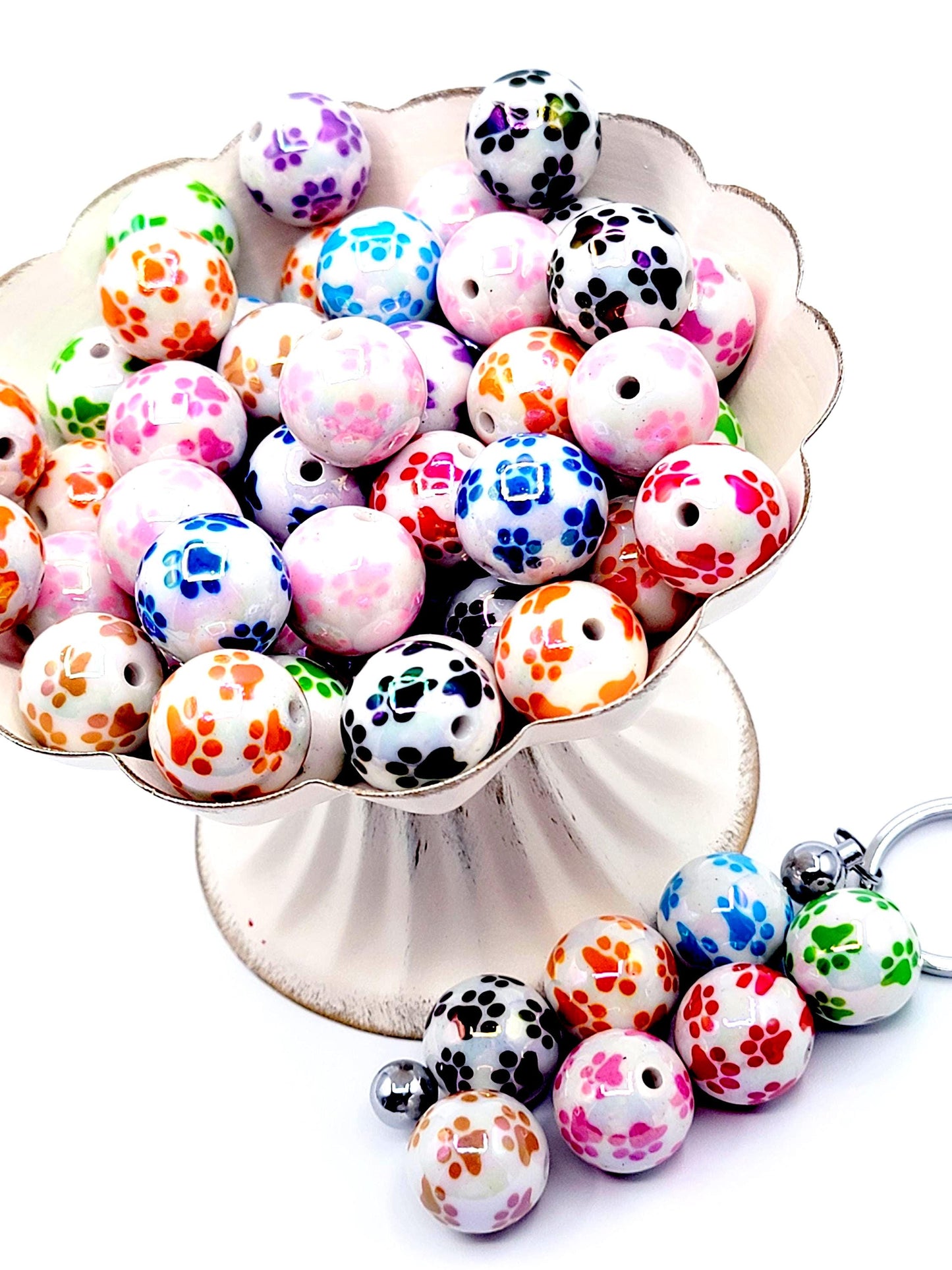 20mm White Bead with Color Paw Print Acrylic Resin Beads (Set of 5) – UV Finish Chunky DIY Pen Beads