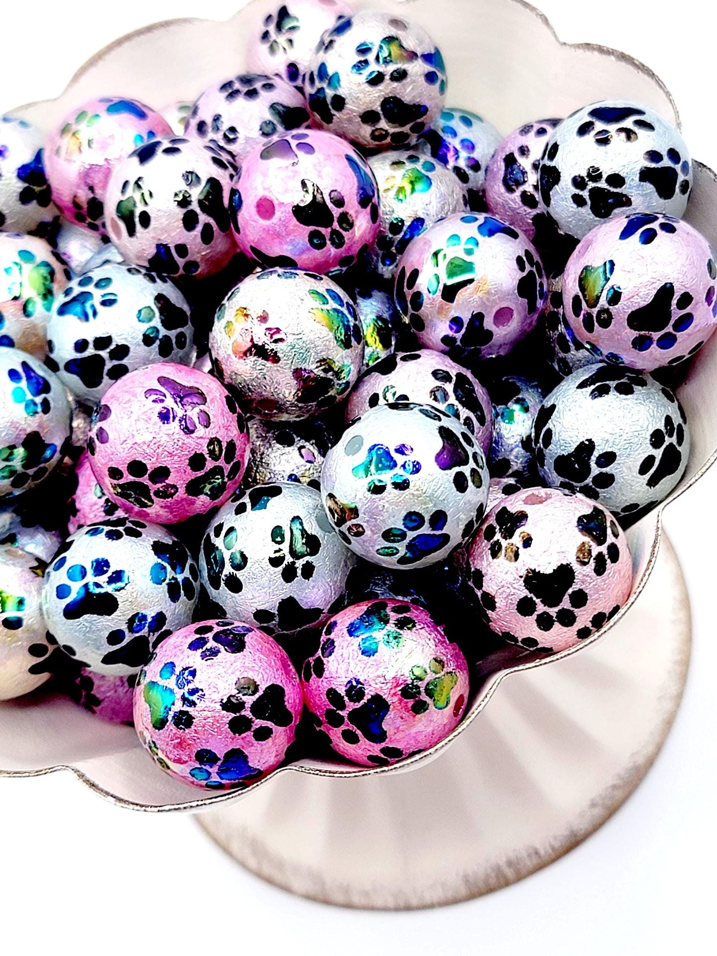 20mm Metallic Paw Print Acrylic Resin Beads (Set of 5) – UV Finish Chunky DIY Pen Beads