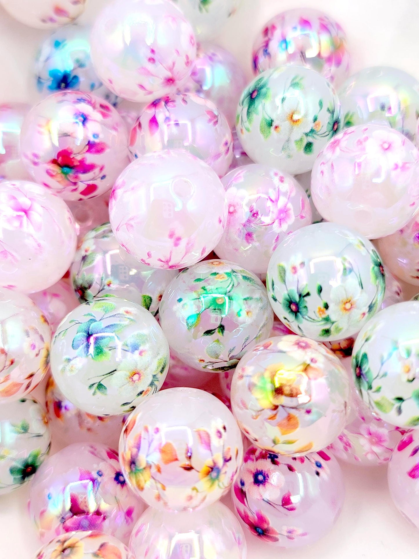 16mm Printed Flower Garland Acrylic Beads (Set of 10) – Chunky Round Bag Charm Craft Beads