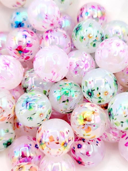 16mm Printed Flower Garland Acrylic Beads (Set of 10) – Chunky Round Bag Charm Craft Beads