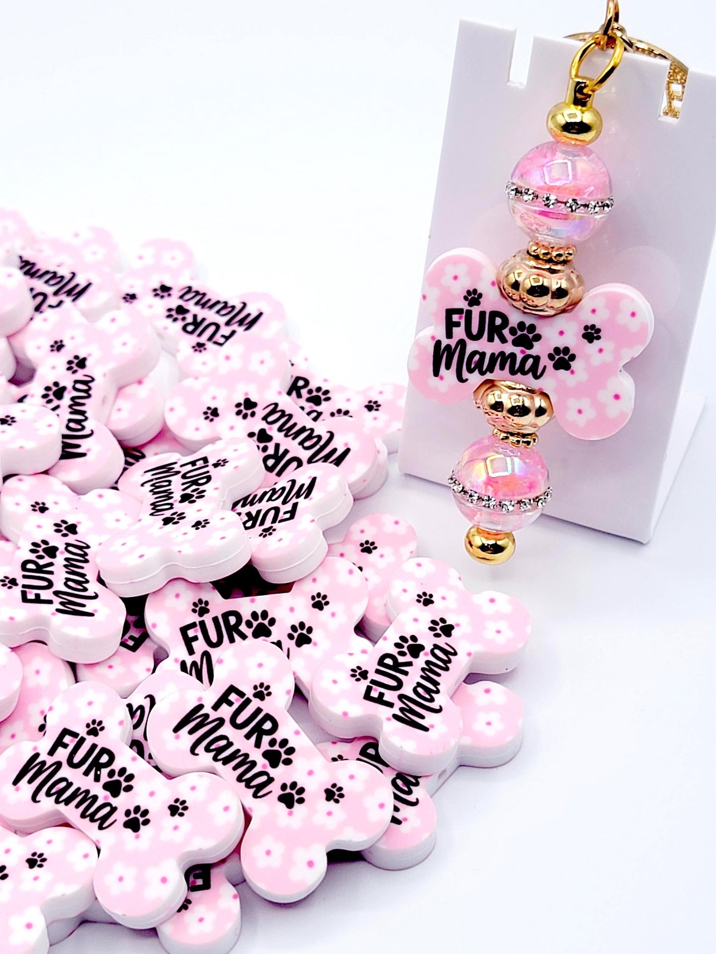 Fur Mama Dog Bone Silicone Focal Bead (Set of 2) - Pink and White Flower Dog Mom Paw Print Bead for DIY Pens