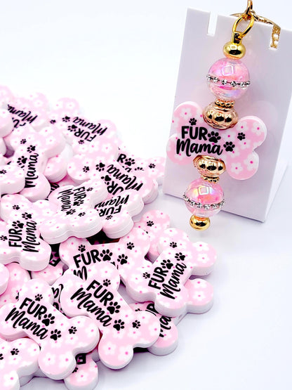 Fur Mama Dog Bone Silicone Focal Bead (Set of 2) - Pink and White Flower Dog Mom Paw Print Bead for DIY Pens