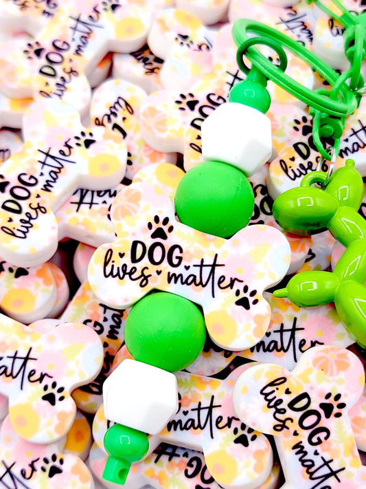 Dogs Matter Retro Floral Dog Bone Silicone Focal Bead (Set of 2) - Dog Mom Paw Print DIY Bead
