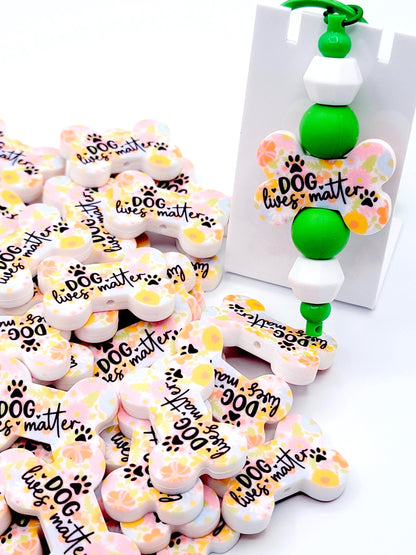 Dogs Matter Retro Floral Dog Bone Silicone Focal Bead (Set of 2) - Dog Mom Paw Print DIY Bead