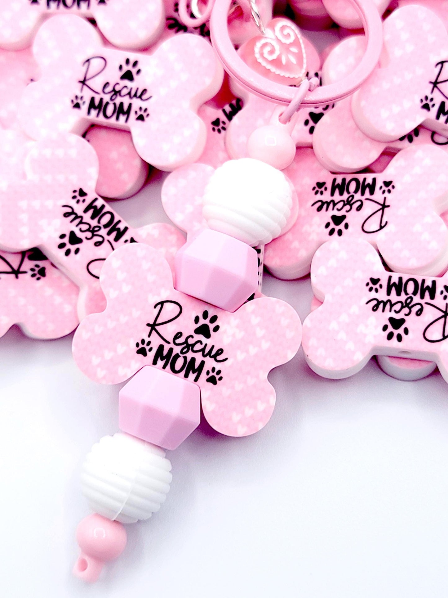 Rescue Mom Dog Bone Silicone Focal Bead (Set of 2) - Pink and White Dog and Cat Lover DIY Bead