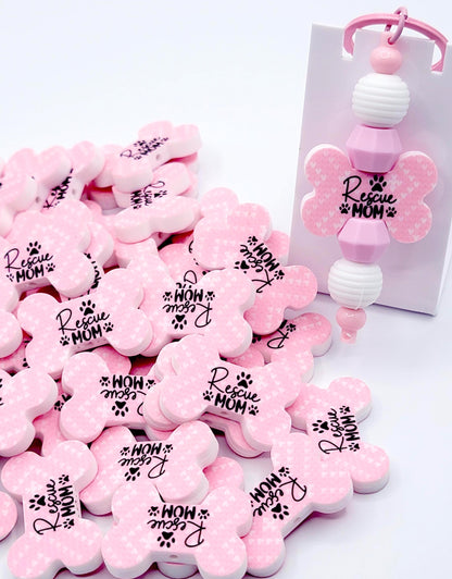 Rescue Mom Dog Bone Silicone Focal Bead (Set of 2) - Pink and White Dog and Cat Lover DIY Bead