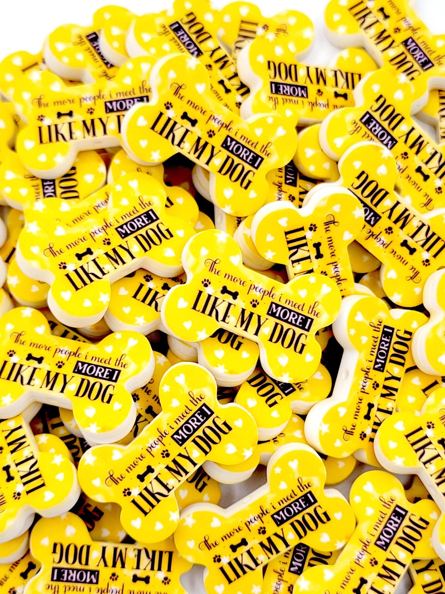 The More People I Meet The More I Like My Dog Dog Bone Silicone Focal Bead (Set of 2) - Yellow Funny Dog Mom Craft Bead