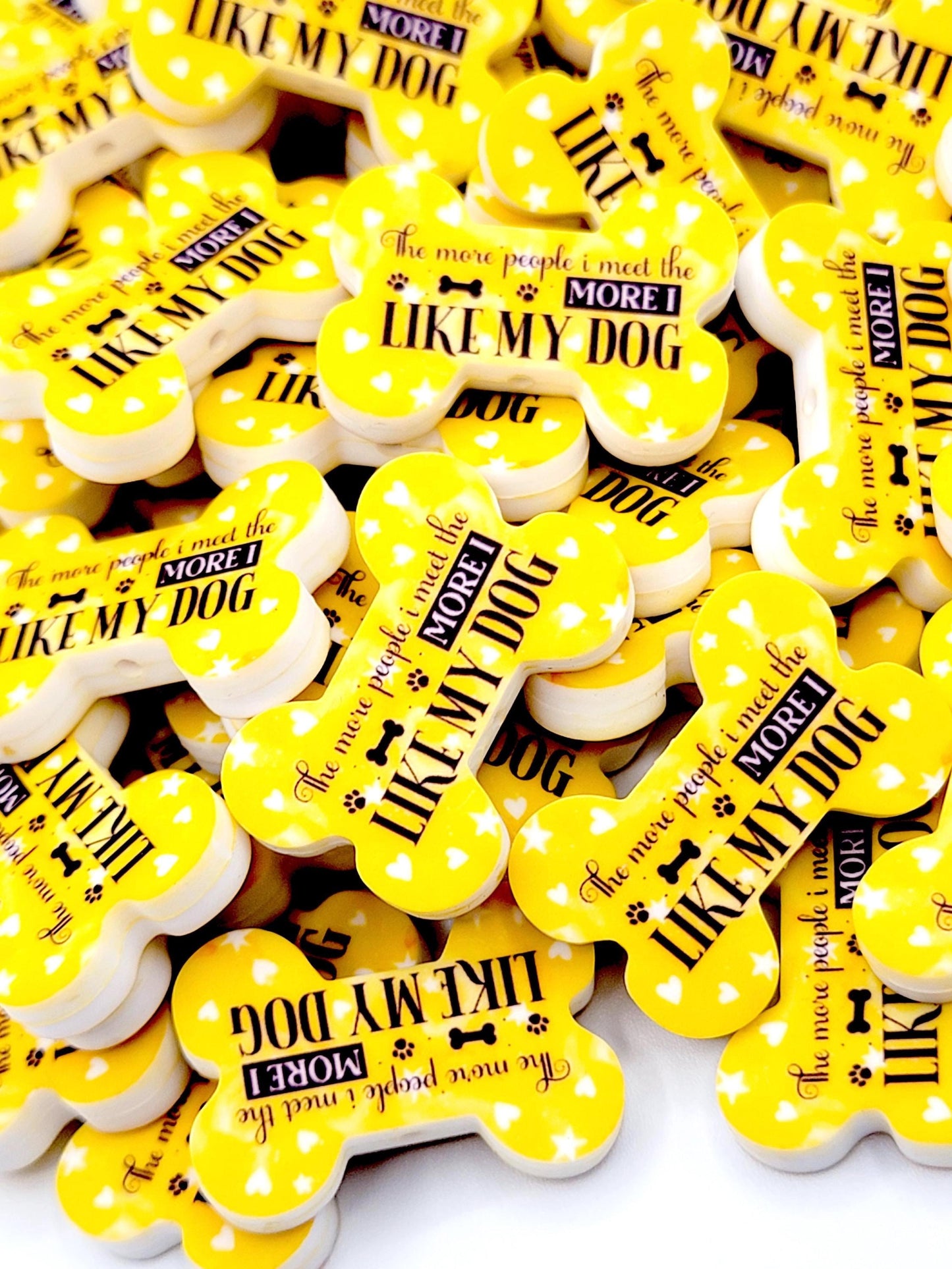 The More People I Meet The More I Like My Dog Dog Bone Silicone Focal Bead (Set of 2) - Yellow Funny Dog Mom Craft Bead