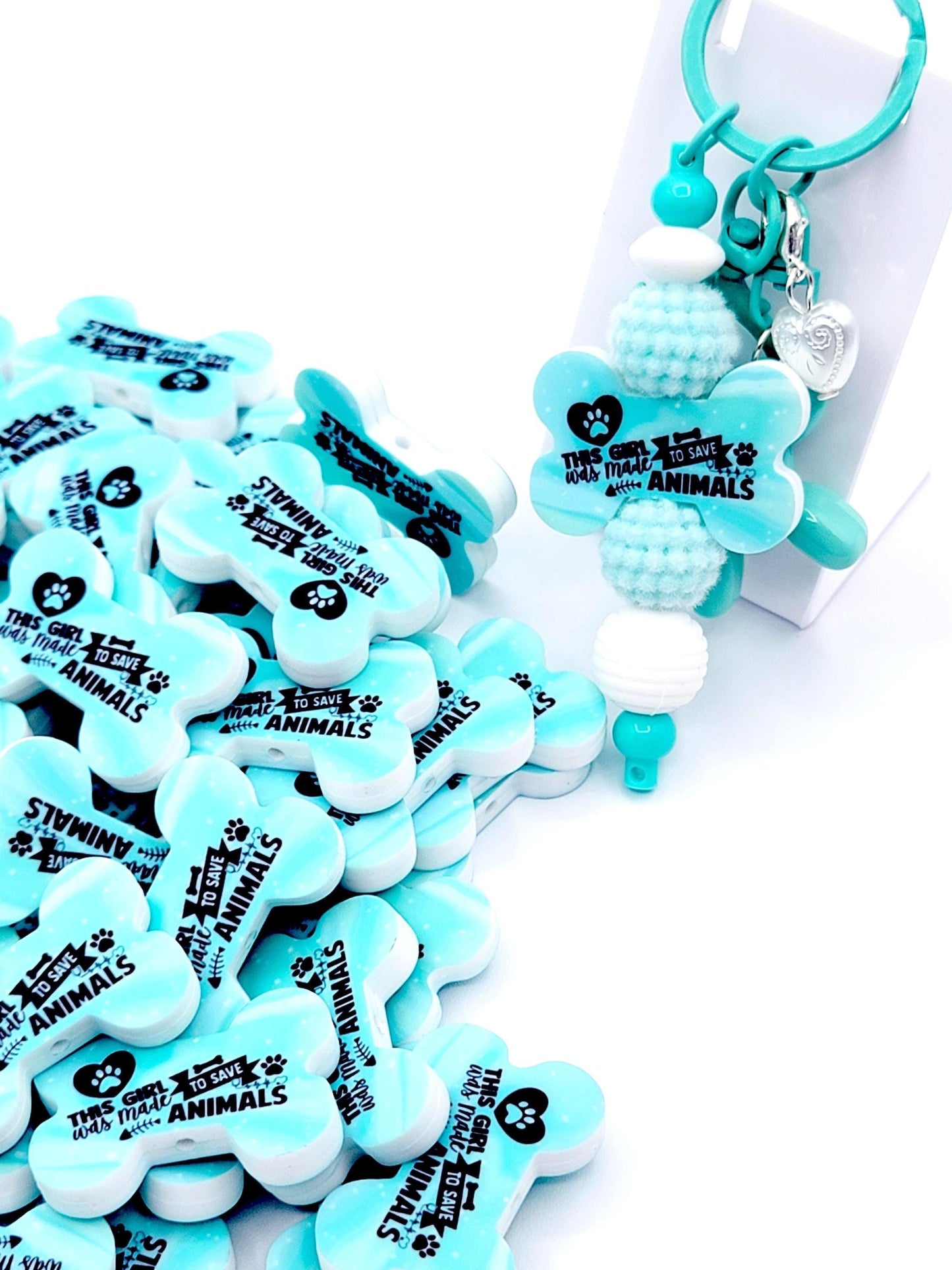 This Girl Was Made To Save Animals Dog Bone Silicone Focal Bead (Set of 2) - Blue Dog and Cat Rescue DIY Craft Bead