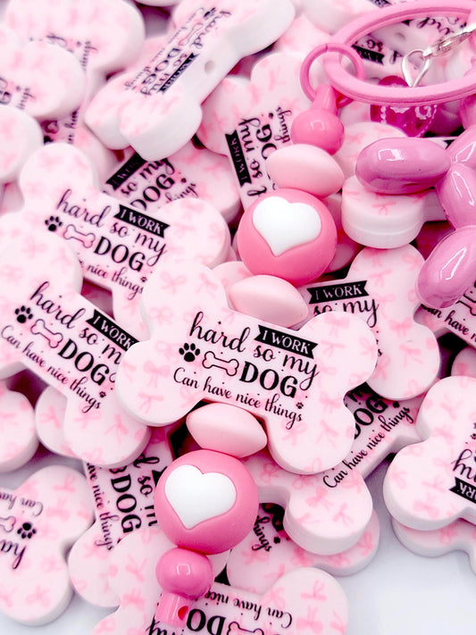 I Work for My Dog Dog Bone Silicone Focal Bead (Set of 2) - Pink Coquette Funny Dog Mom DIY Bead