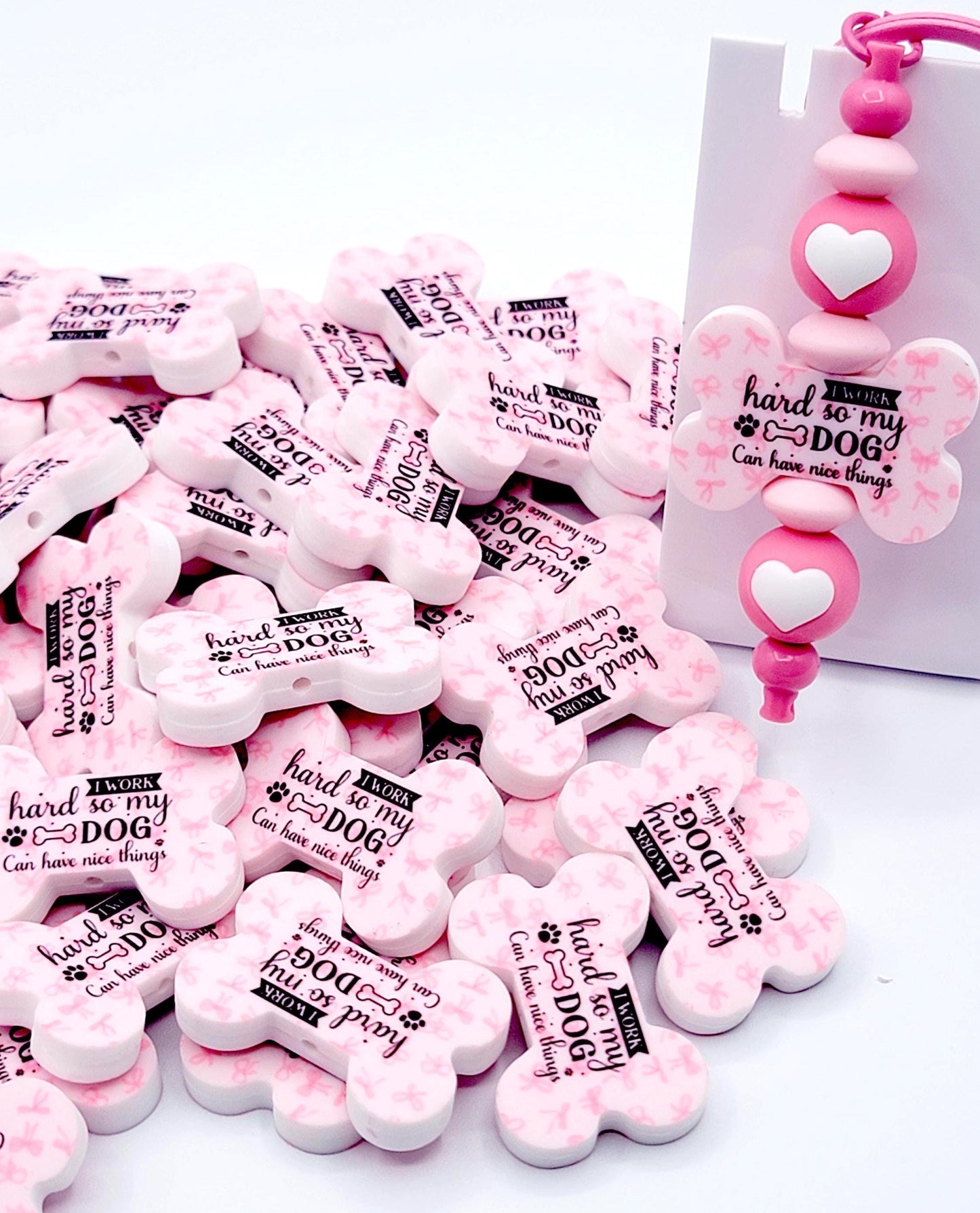 I Work for My Dog Dog Bone Silicone Focal Bead (Set of 2) - Pink Coquette Funny Dog Mom DIY Bead