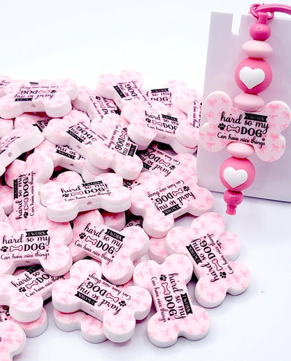 I Work for My Dog Dog Bone Silicone Focal Bead (Set of 2) - Pink Coquette Funny Dog Mom DIY Bead