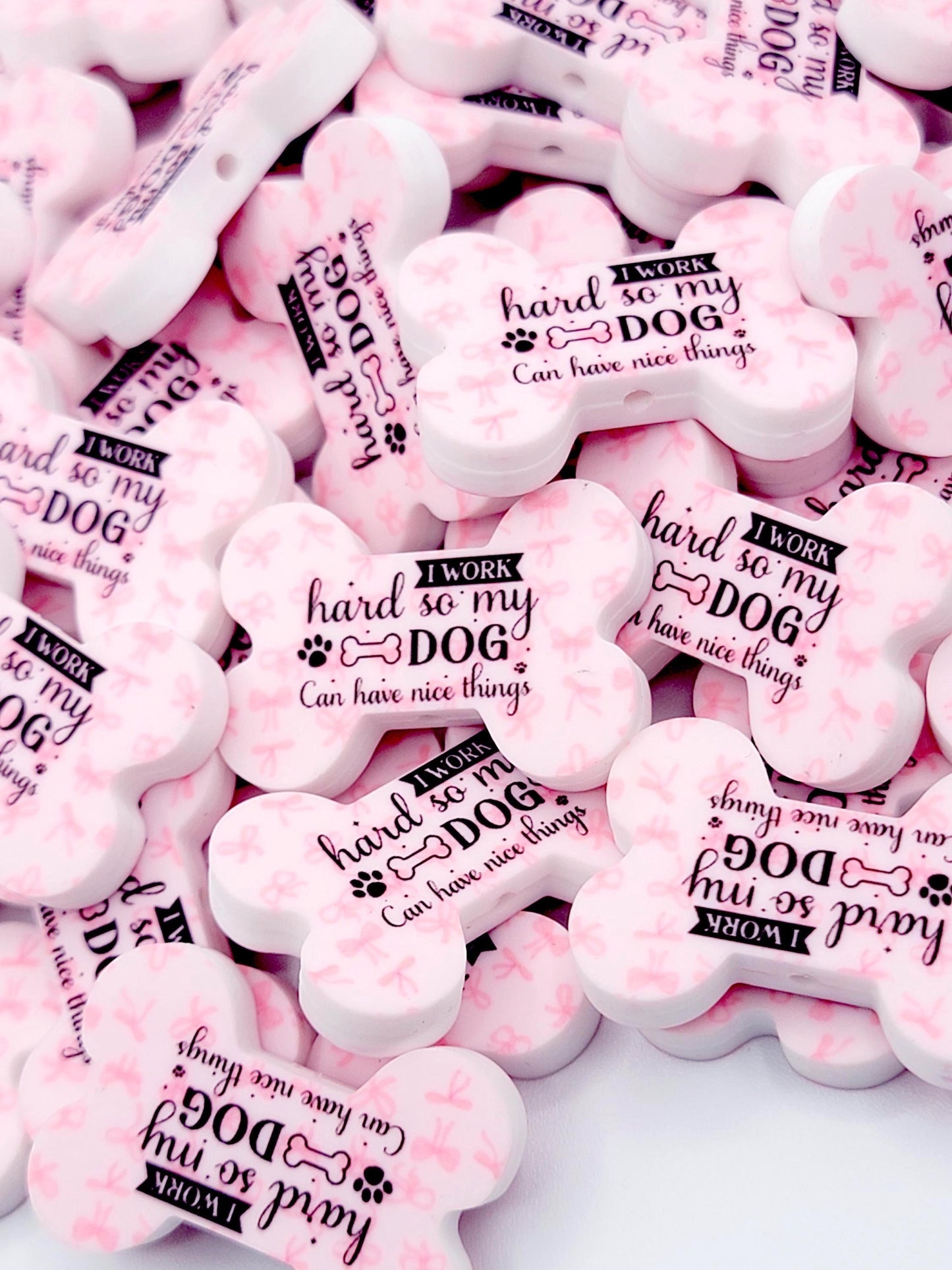 I Work for My Dog Dog Bone Silicone Focal Bead (Set of 2) - Pink Coquette Funny Dog Mom DIY Bead