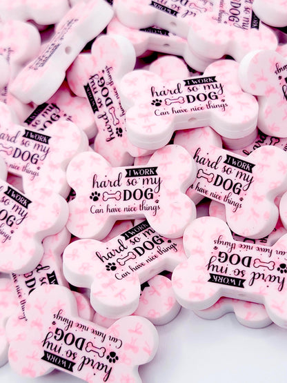 I Work for My Dog Dog Bone Silicone Focal Bead (Set of 2) - Pink Coquette Funny Dog Mom DIY Bead