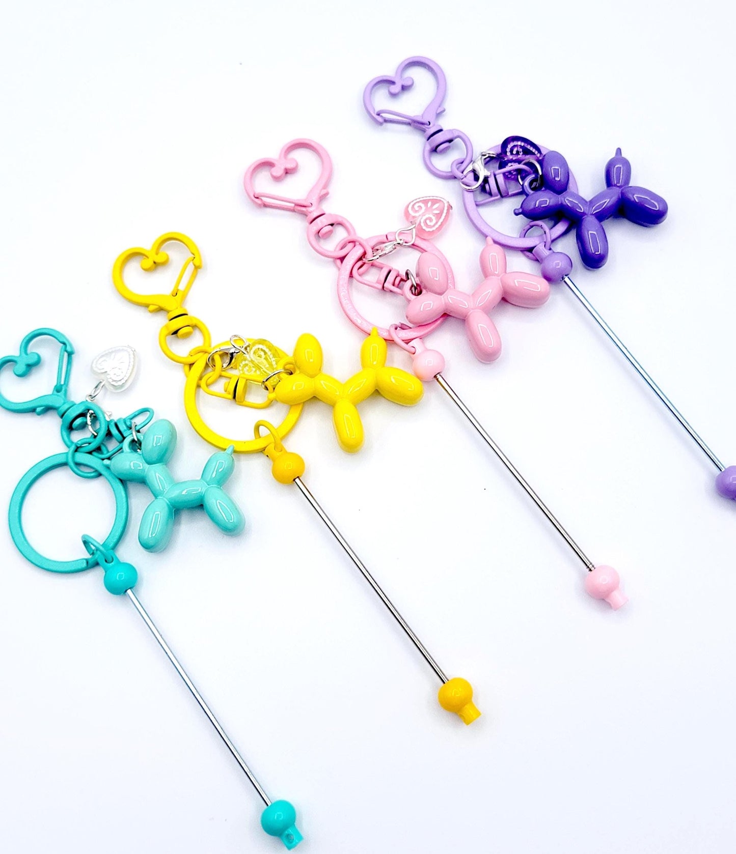 DIY Colorful Metal Beadable Keychain Bar with Balloon Dog & Heart Charms, Heart Clasp Blank Keychain
