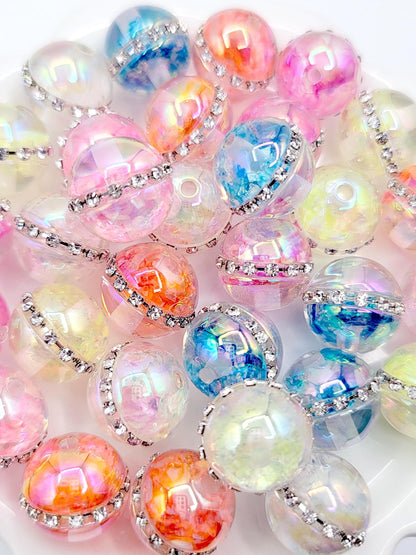 16mm Clear Acrylic Beads with Colorful Flakes & Rhinestone Chain (Set of 10) – UV Coated Craft Beads