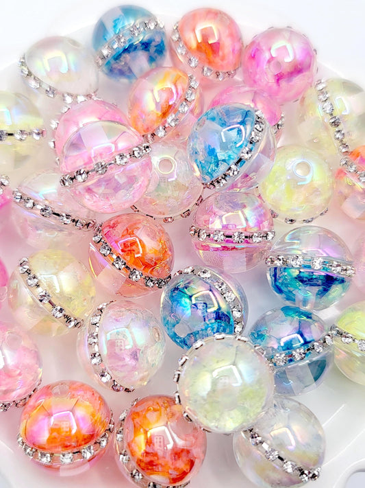 16mm Clear Acrylic Beads with Colorful Flakes & Rhinestone Chain (Set of 10) – UV Coated Craft Beads