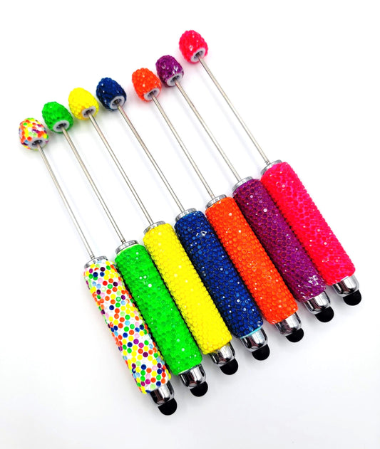 DIY Neon Beadable Clay Stylus Pens with Rhinestones, Touch-Screen Pens in Fluorescent Colors