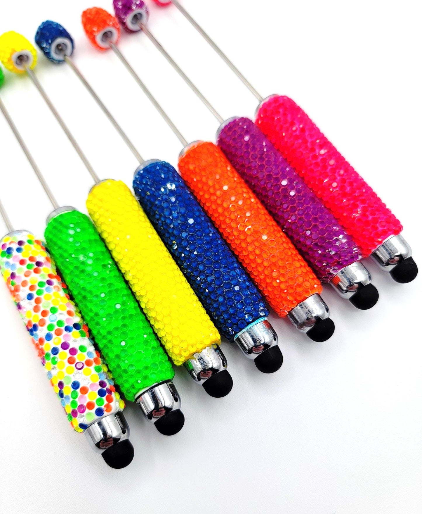 DIY Neon Beadable Clay Stylus Pens with Rhinestones, Touch-Screen Pens in Fluorescent Colors