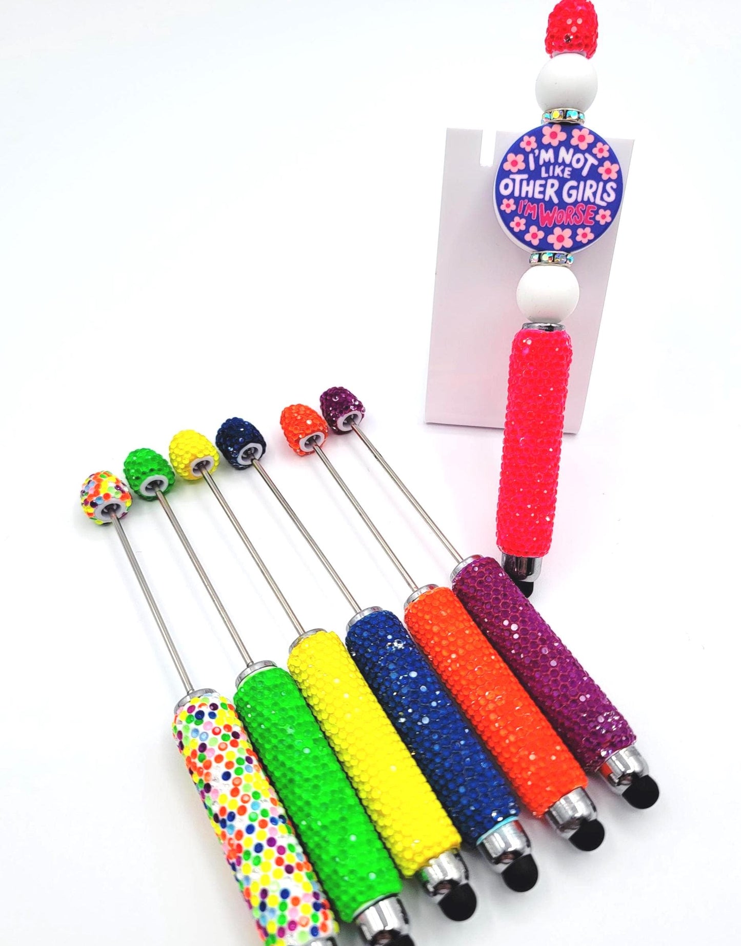 DIY Neon Beadable Clay Stylus Pens with Rhinestones, Touch-Screen Pens in Fluorescent Colors