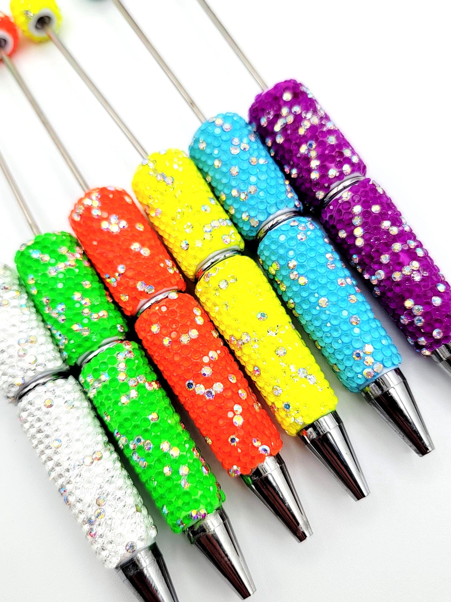 Neon Bright Colors Sparkly Rhinestone Beadable Pens - DIY Fluorescent Bling Glitter Pens For Craft Beads