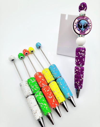 Neon Bright Colors Sparkly Rhinestone Beadable Pens - DIY Fluorescent Bling Glitter Pens For Craft Beads