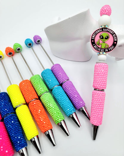 Beadable Clay Pens with Iridescent Rhinestones, Bright Sparkly Color DIY Bead Pens