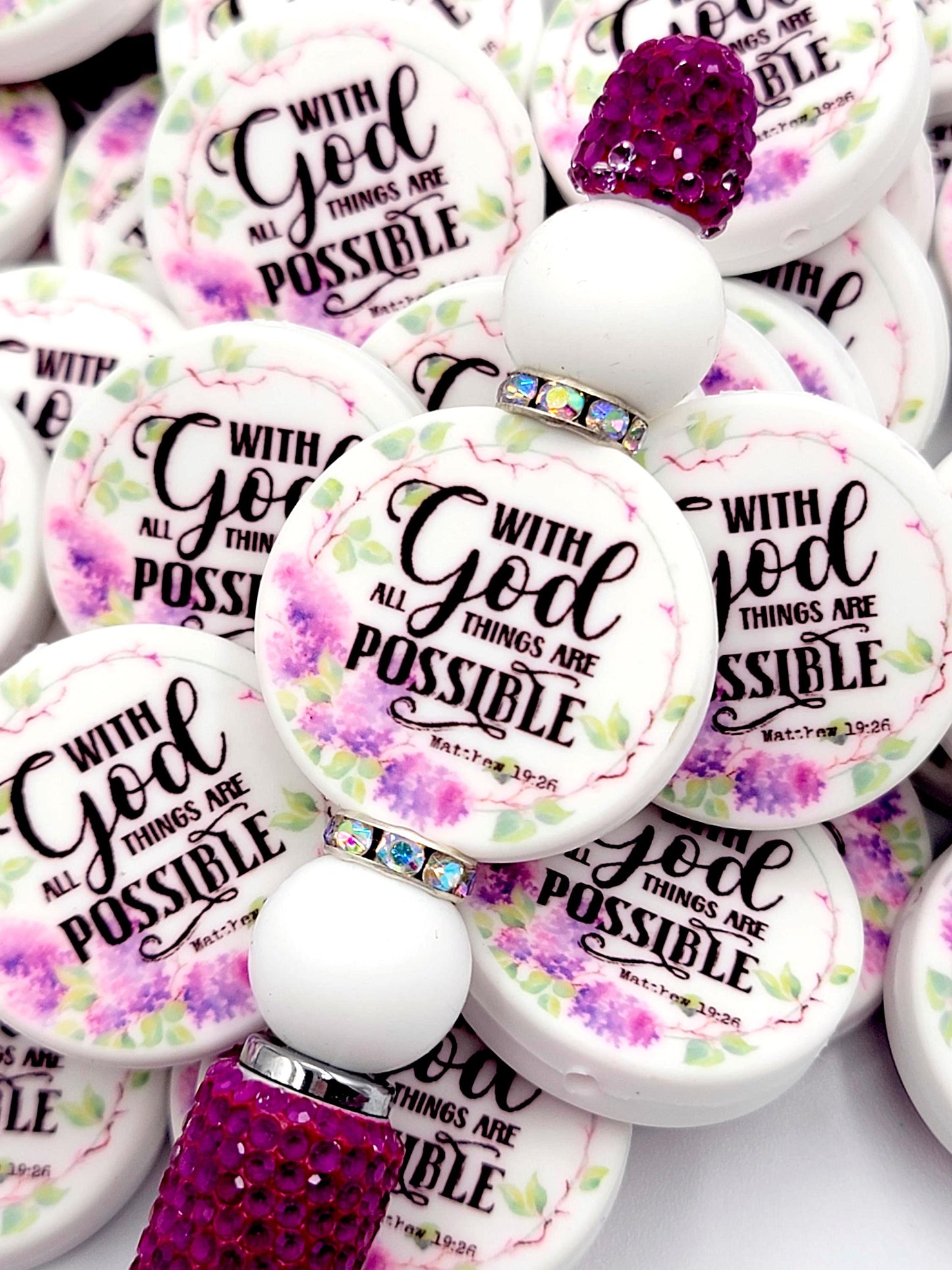 With God All Things Are Possible Religious Focal Bead (Set of 2) - Matthew 19:26 Scripture DIY Bead, Bible Verse Prayer Focal Pen Bead