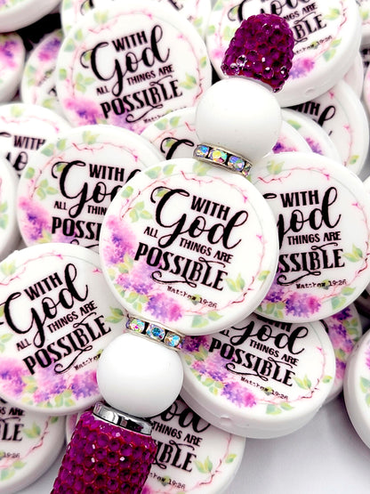 With God All Things Are Possible Religious Focal Bead (Set of 2) - Matthew 19:26 Scripture DIY Bead, Bible Verse Prayer Focal Pen Bead