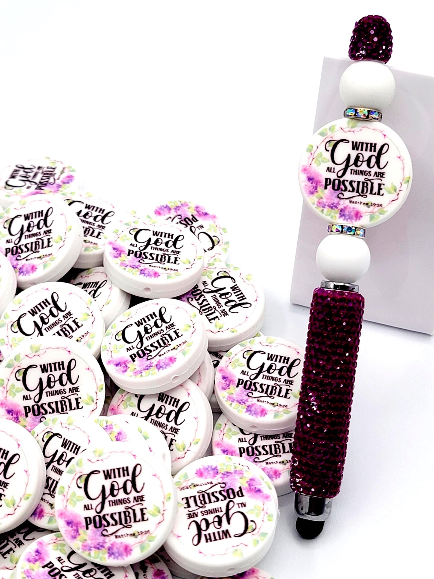 With God All Things Are Possible Religious Focal Bead (Set of 2) - Matthew 19:26 Scripture DIY Bead, Bible Verse Prayer Focal Pen Bead